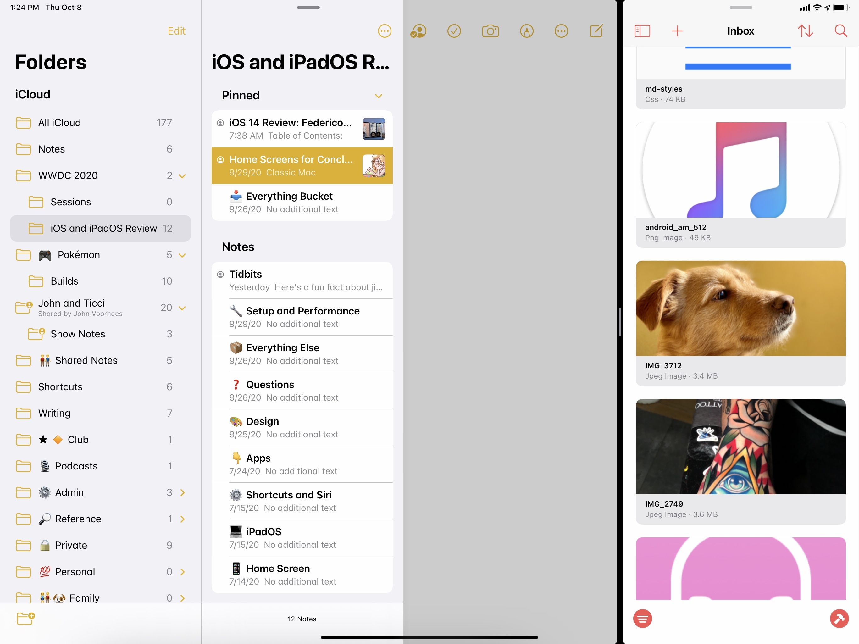 When a secondary app is added via Split View, Notes loses the ability to display three concurrent columns.